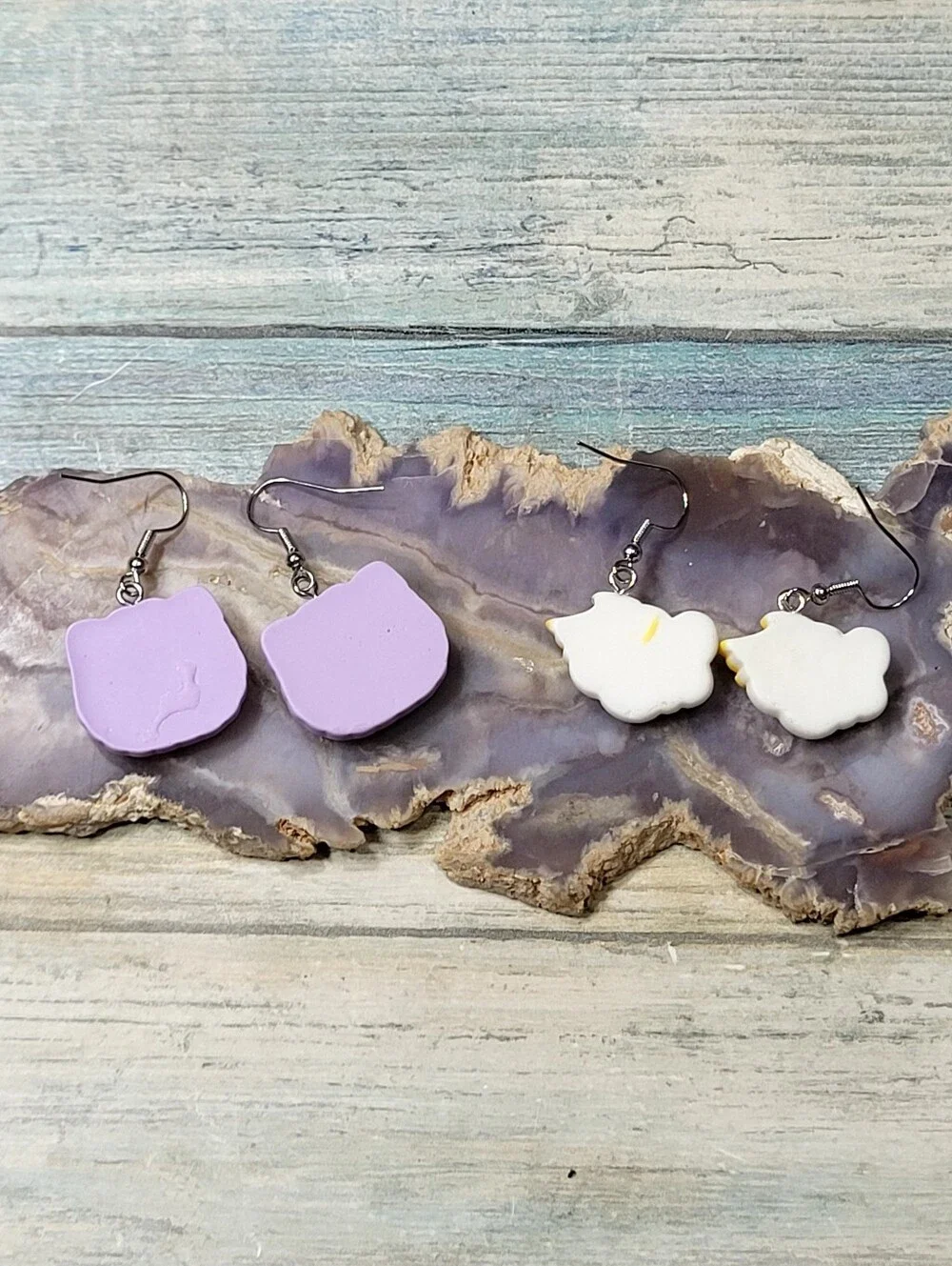 Cute Kids Purple Cat & White Cloud Earrings Set